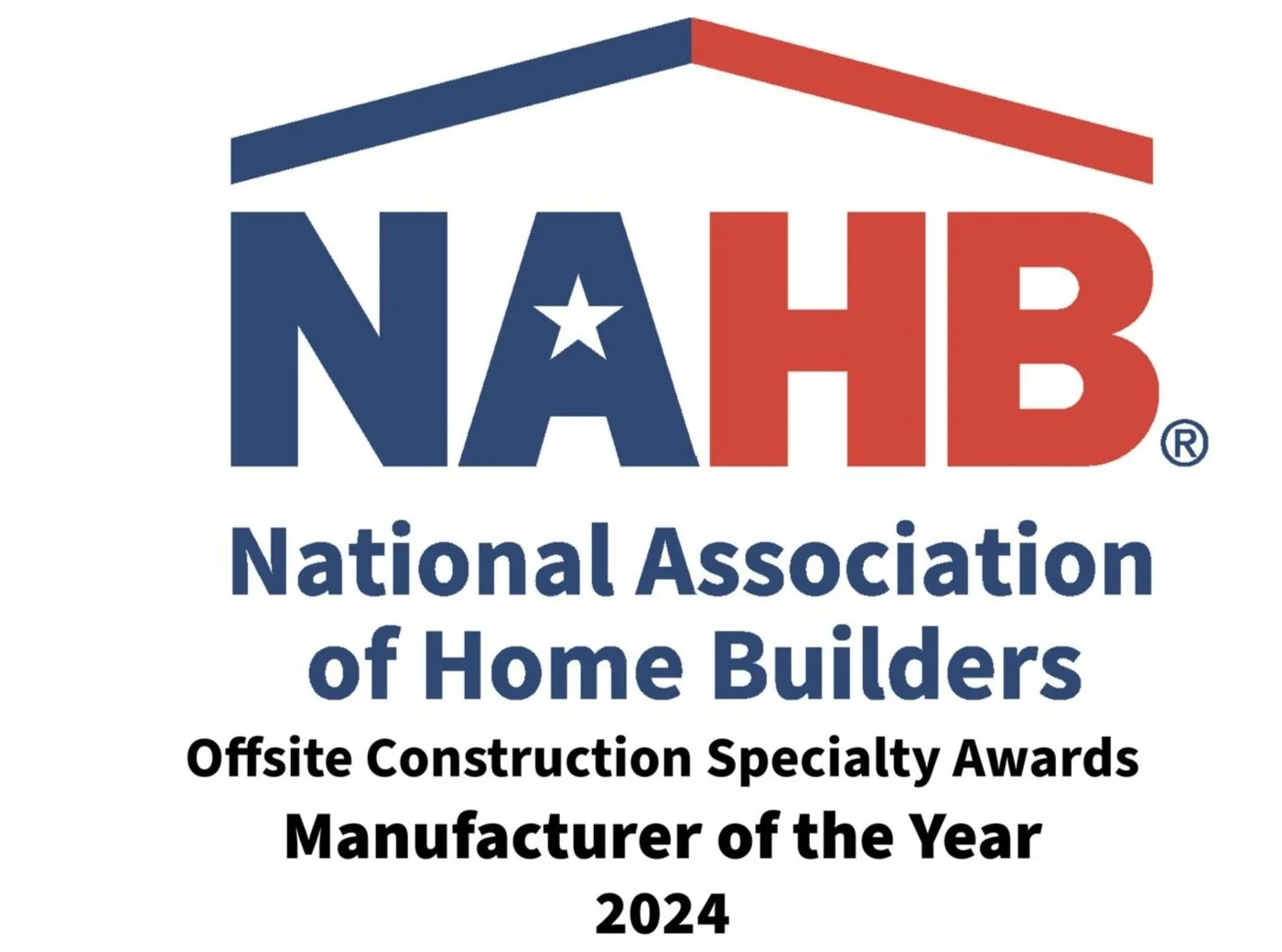 NAHB logo with a house outline, text reads "National Association of Home Builders," and beneath that, "Offsite Construction Specialty Awards Manufacturer of the Year 2024." which was awarded to Fading West Development