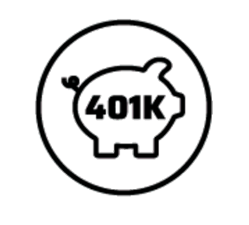 A piggy bank with the text '401K' inside, surrounded by a circle.