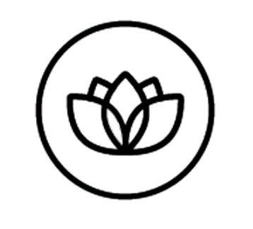 A circular logo with a stylized flower or lotus design inside.