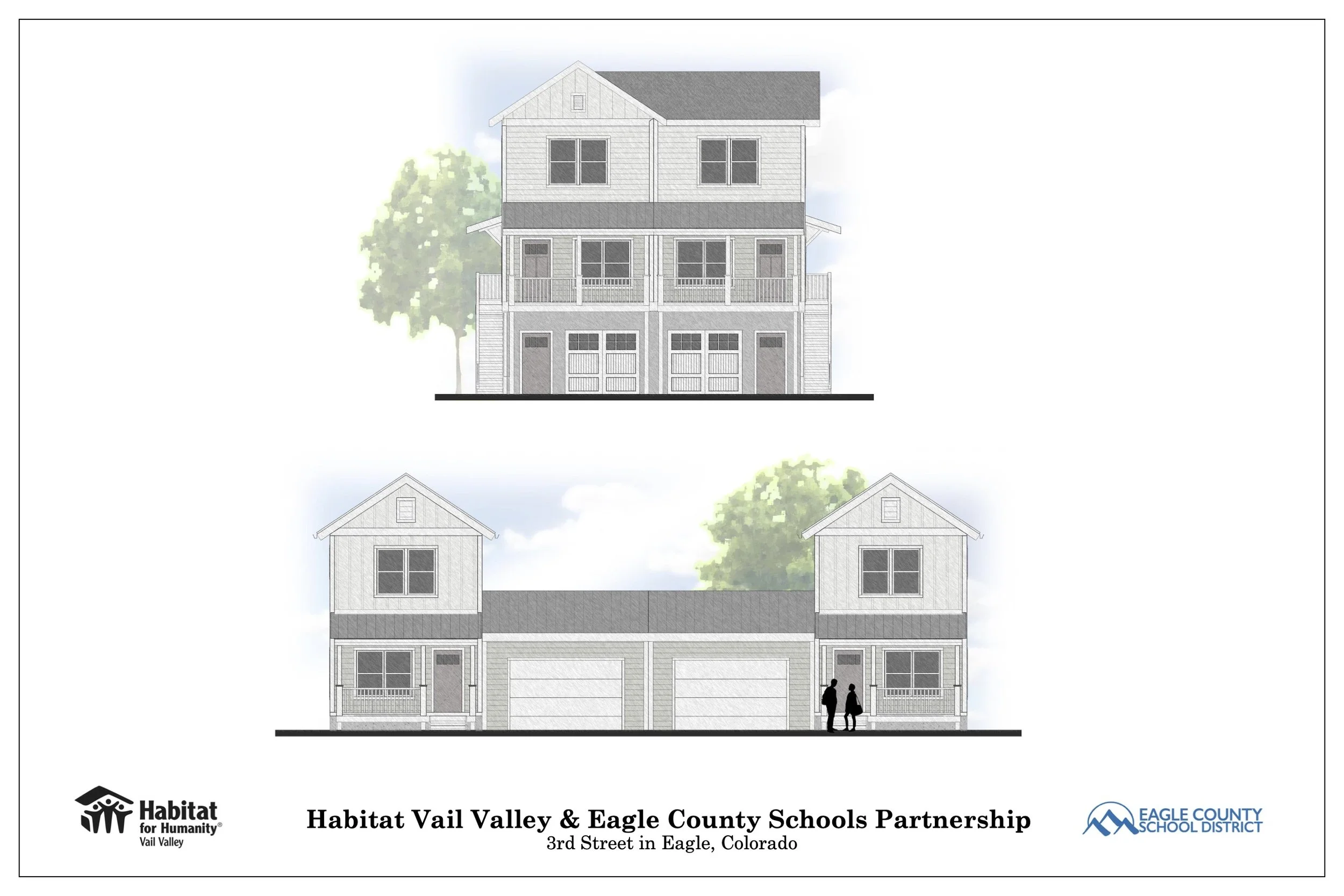 Blueprint of a three-story Fading West modular residential building with garage and balcony, trees in the background, and logos of Habitat for Humanity and Eagle County School District.