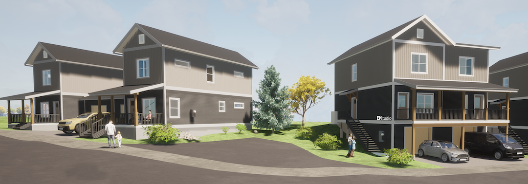 Two modern two-story modular houses with large front porches, surrounded by green lawns, trees, and parked cars, under a partly cloudy sky.