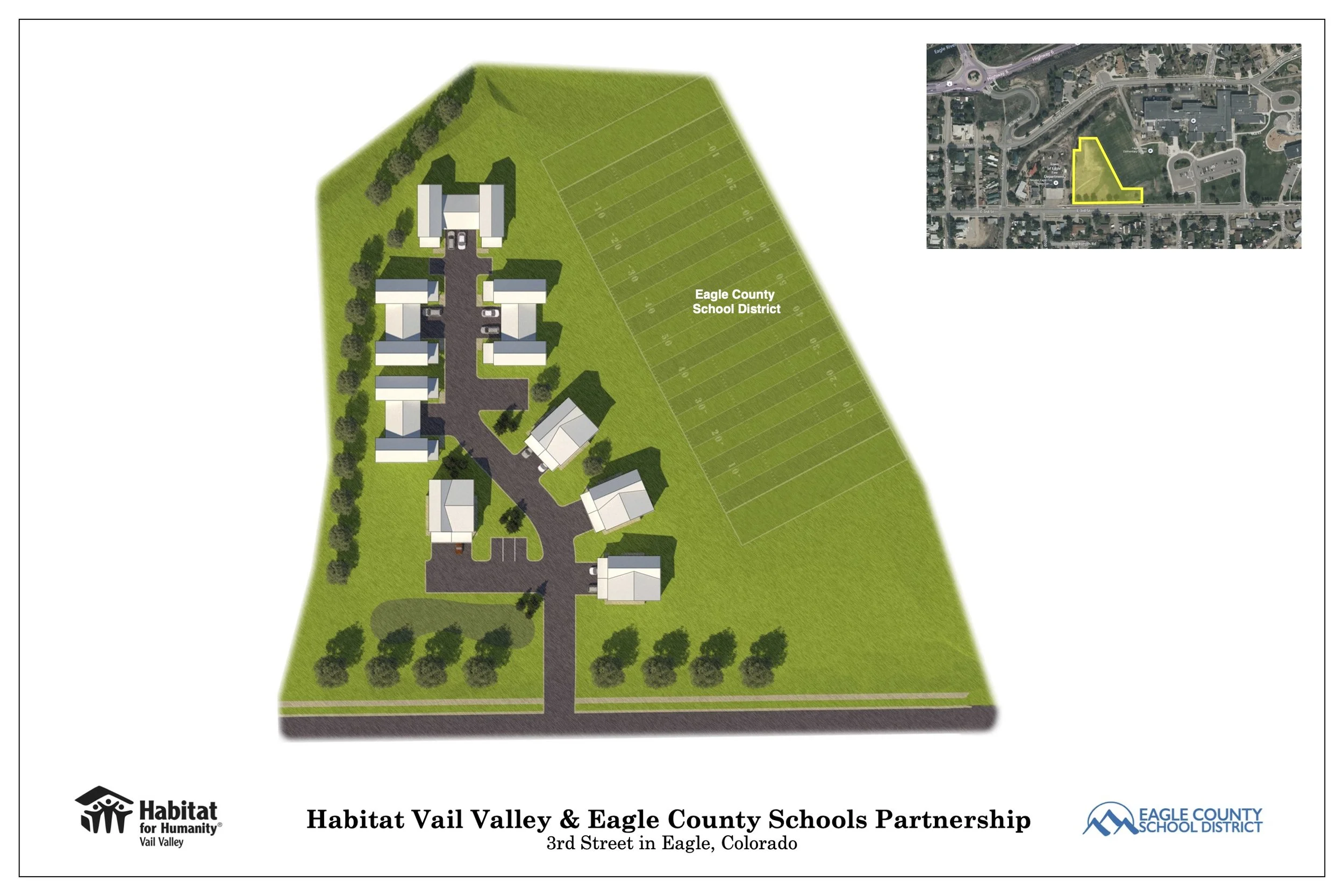 Map illustration showing a school campus layout, including buildings, parking areas, and surrounding greenery, with a highlighted area indicating a specific parcel of land, located in Eagle, Colorado. Modular Housing project by Fading west