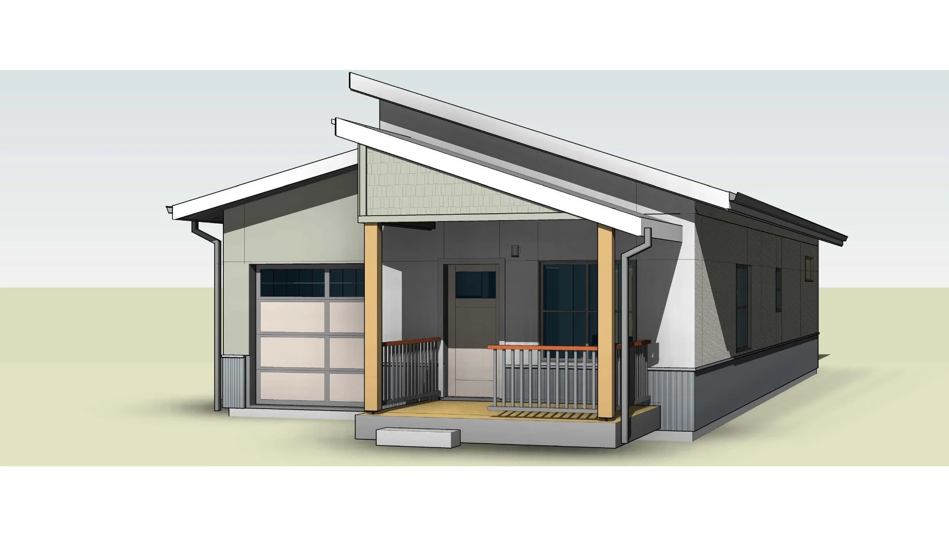 A Fading West modern modular housing rand house design with a front porch, grey walls, and a sloped roof with solar panels.