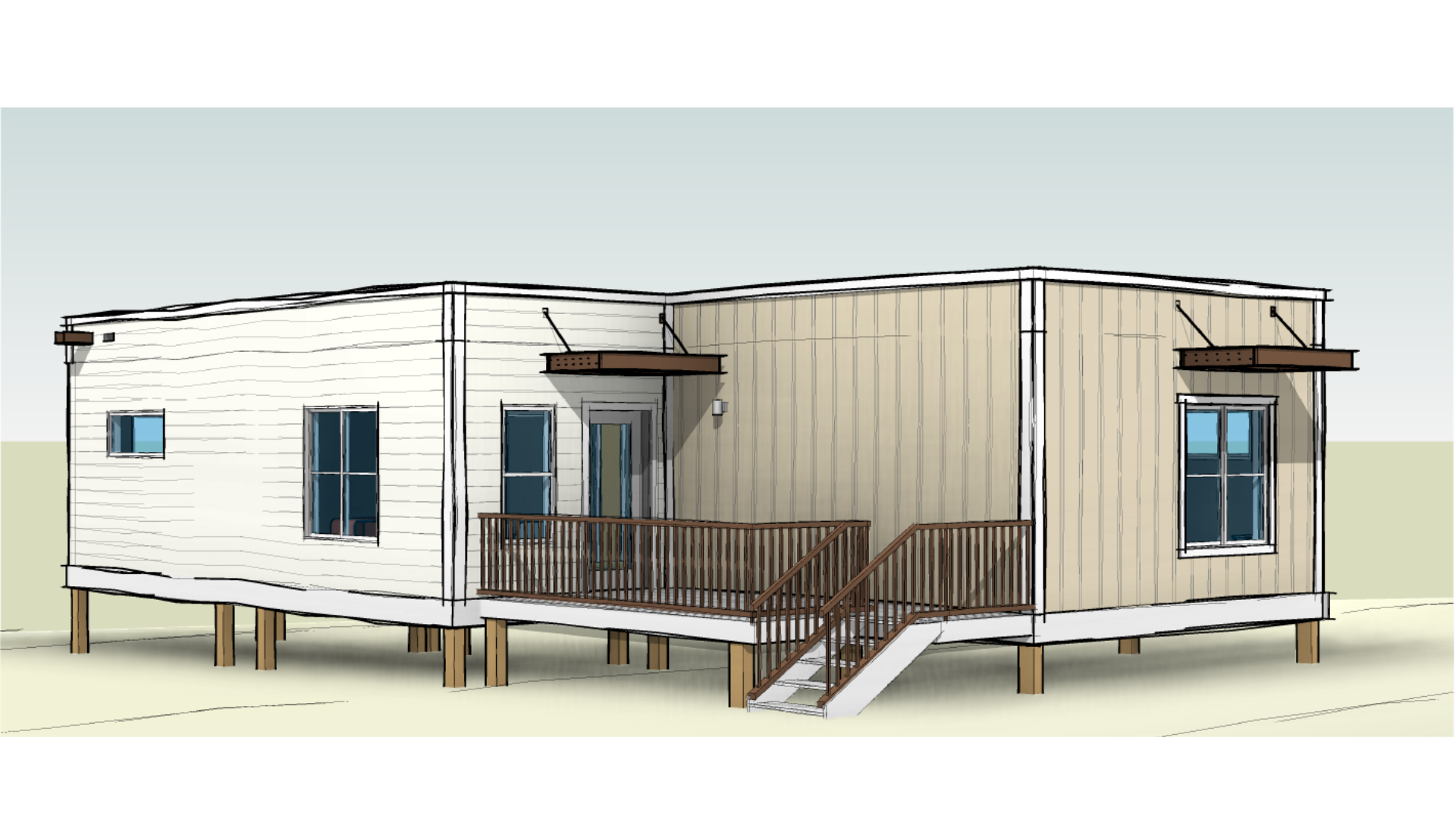 A digital rendering of a Fading West modern modular house, elevated house outdoors, with a wooden staircase, deck, and large windows, set against a green and blue background.