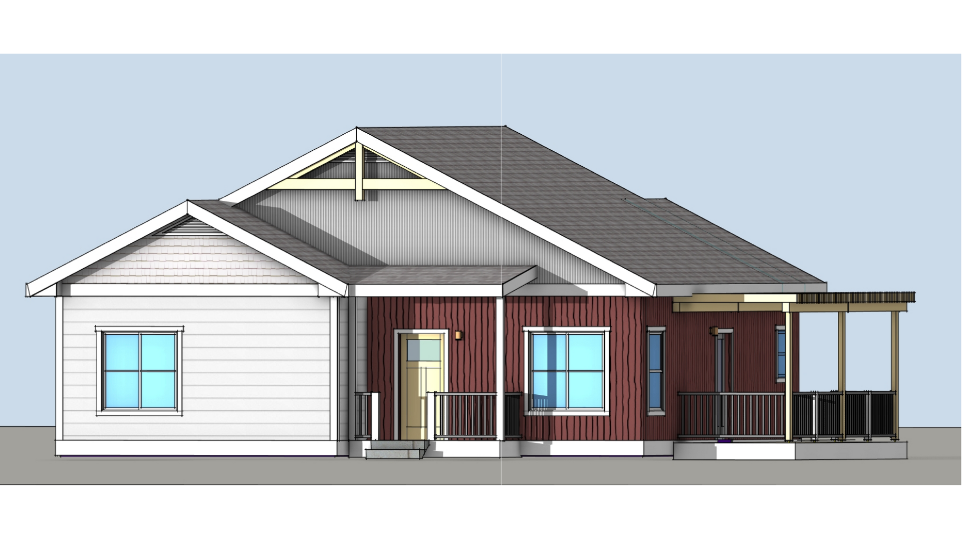 Digital architectural rendering of a Fading West modular modern house with a gable roof, featuring a combination of white, red, and neutral siding, with a front entrance, several windows, and a porch area.