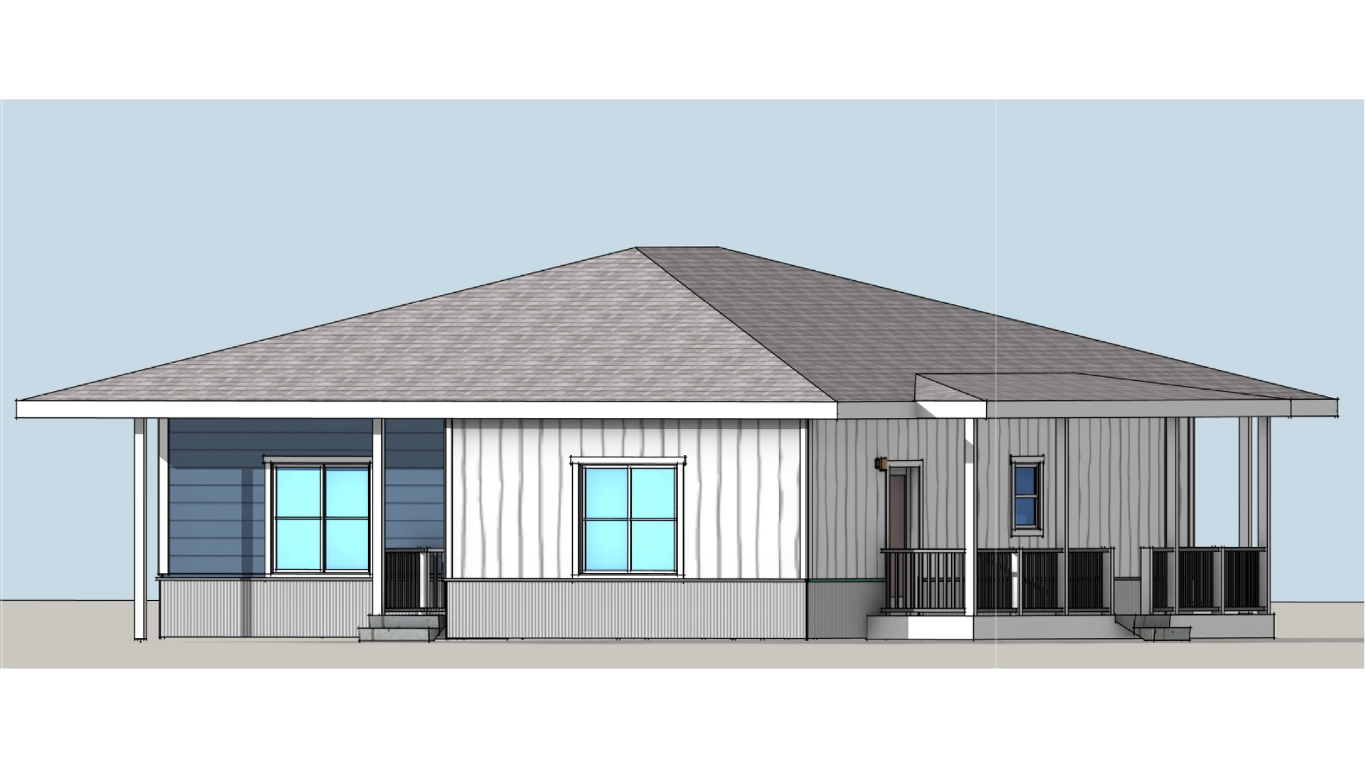 Architectural rendering of a Fading West modular modern house with gray and white vertical siding, blue window frames, a gabled roof, and a small front porch with steps.