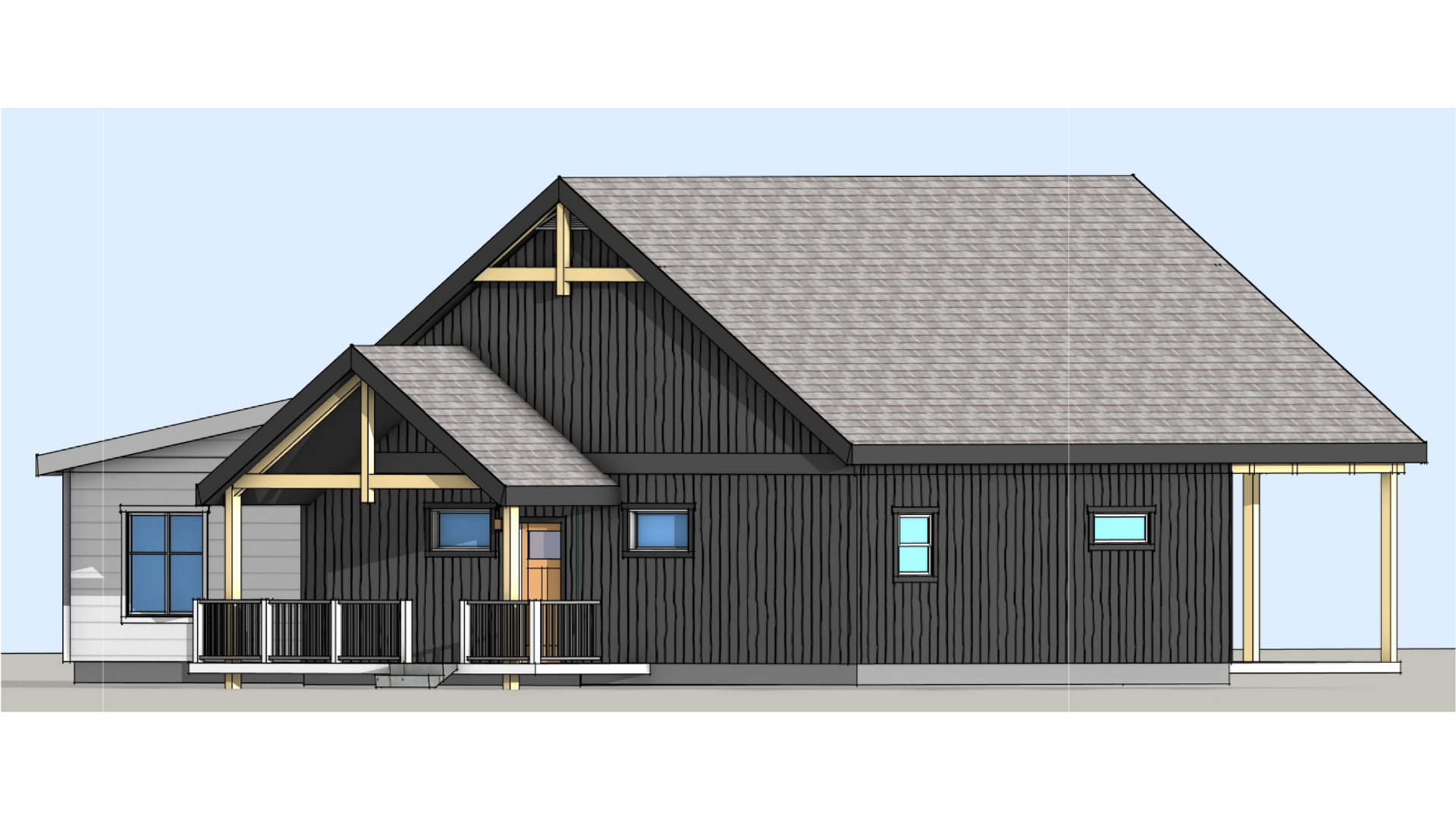 Architectural drawing of a Fading West modular modern house with a gabled roof, black exterior, and a small front porch with railing.