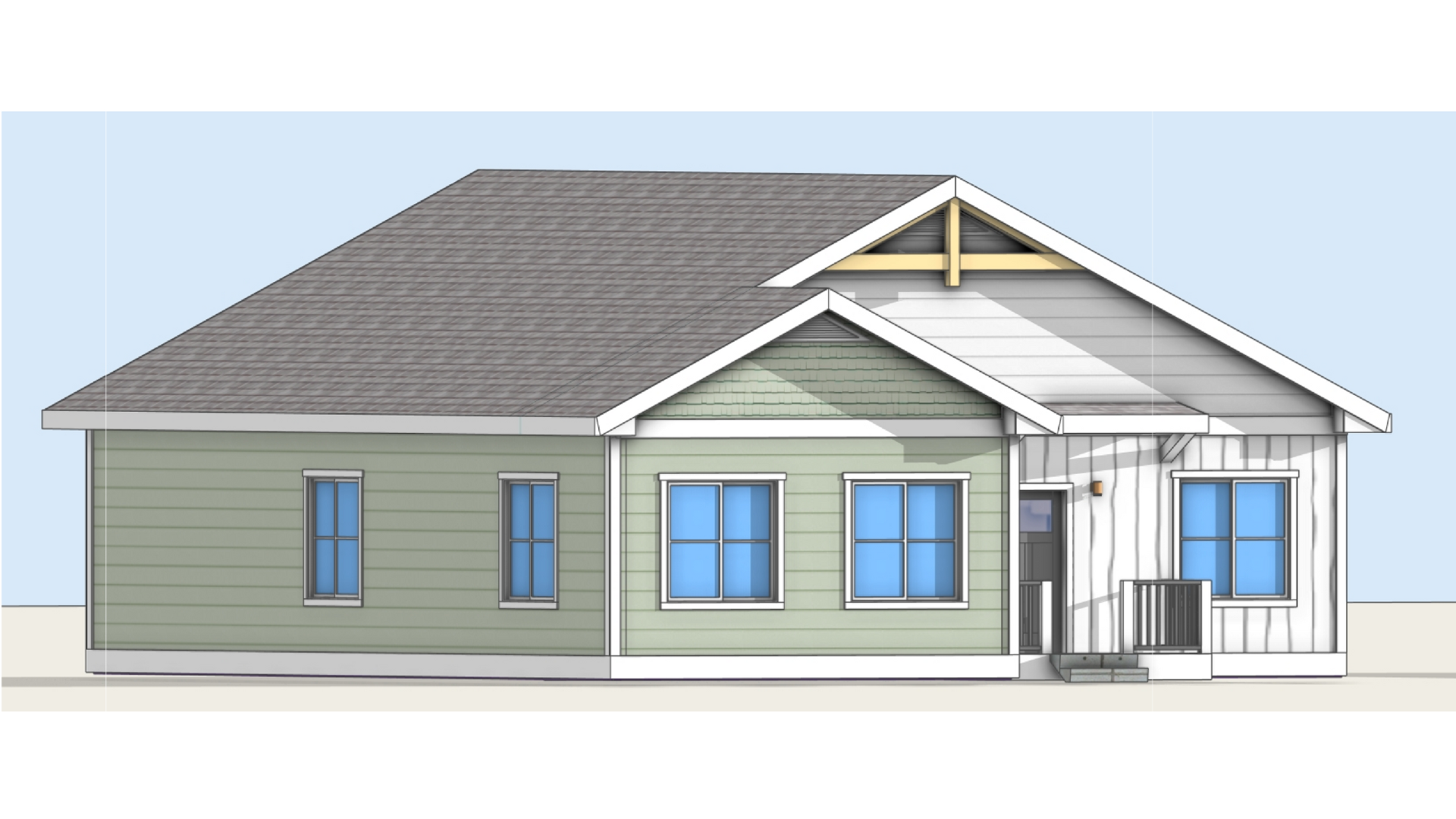 A digital architectural rendering of a Fading West modular single-family house with green siding, three blue windows, a front porch, and a gabled roof with shingles in different shades of gray.