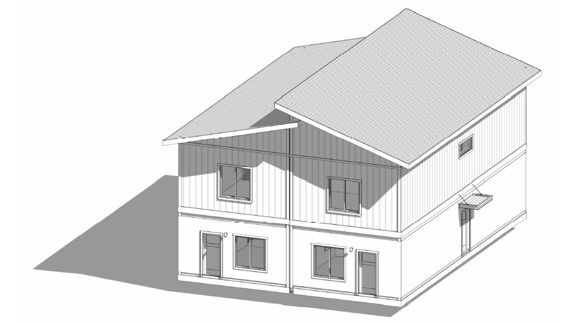 Digital architectural rendering of a Fading West multi-story modular residential house with a gabled roof and multiple windows.