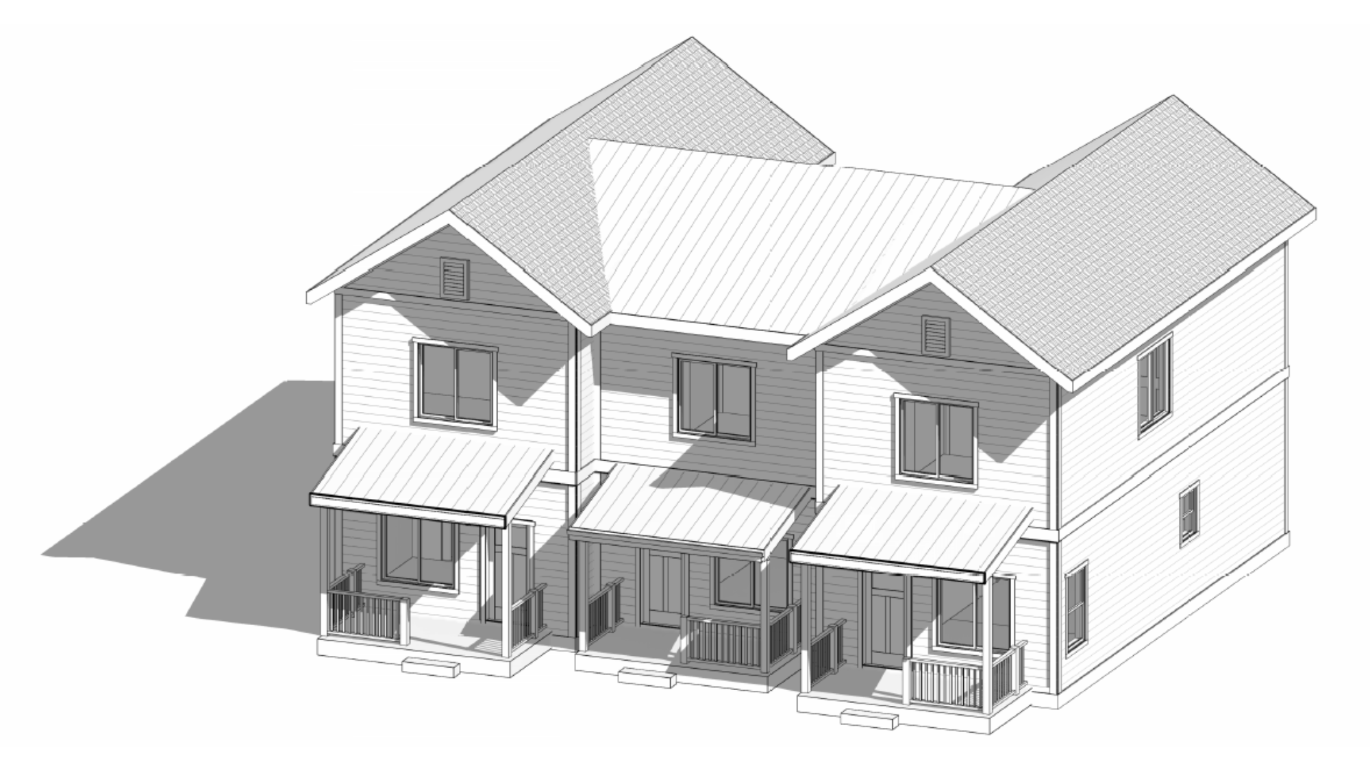 3D architectural rendering of a Fading West two-story modular multi-family townhouse with multiple gable roofs, front porch with stairs, and sliding glass doors.