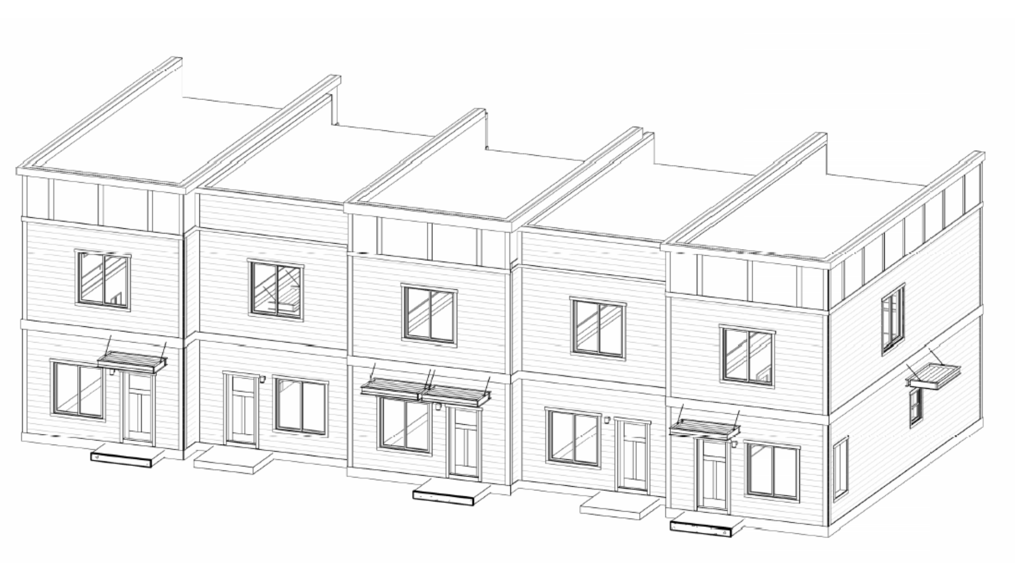 Line drawing of a row of three Fading West modular modern townhouses with flat roofs, multiple windows, and front steps.