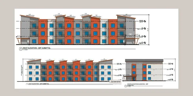 Architectural elevation drawings by Fading West featuring a multi-story modular residential building with blue windows, orange and gray facade, showing west, east, and top views.