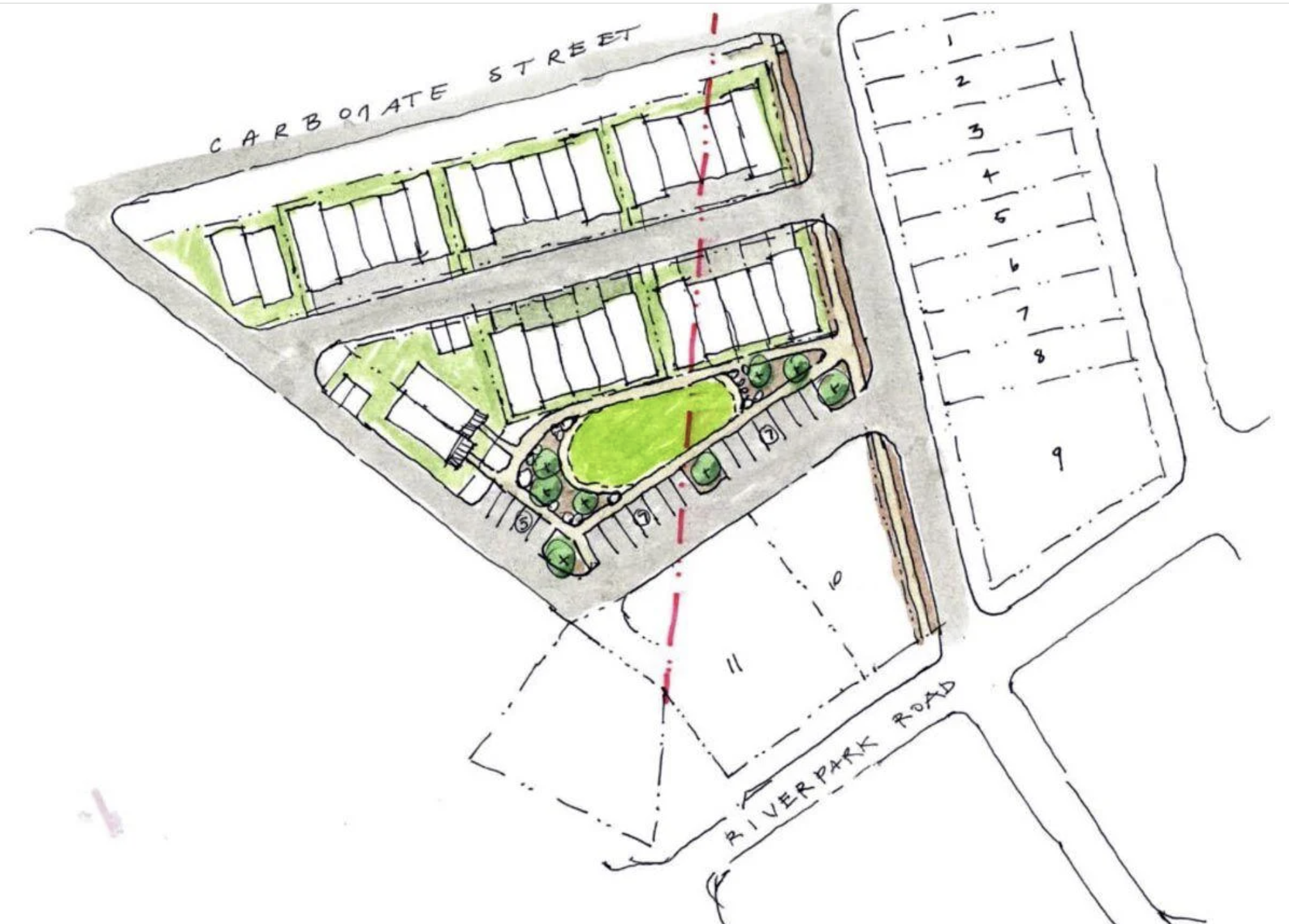 Sketch of a Fading West modular residential development plan with green spaces, parking, and labeled streets.