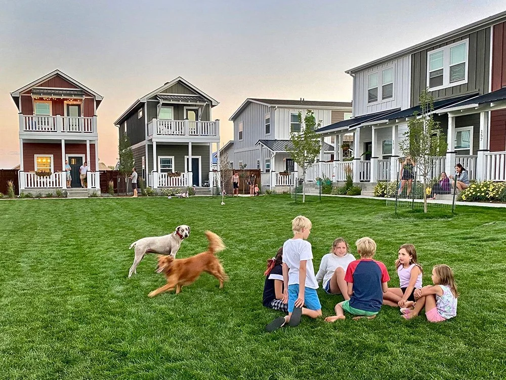 Children playing on a grassy yard with two dogs, with modern modular homes at The Farm, a multi-family modular housing project by Fading West