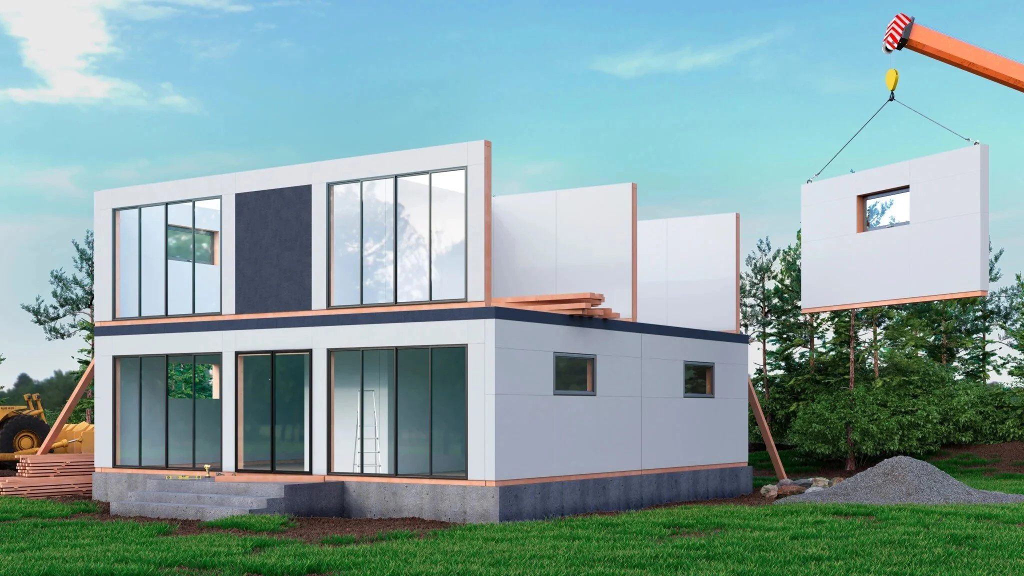 Modern house under construction with a crane lifting a wall section, large windows, and a construction ladder.