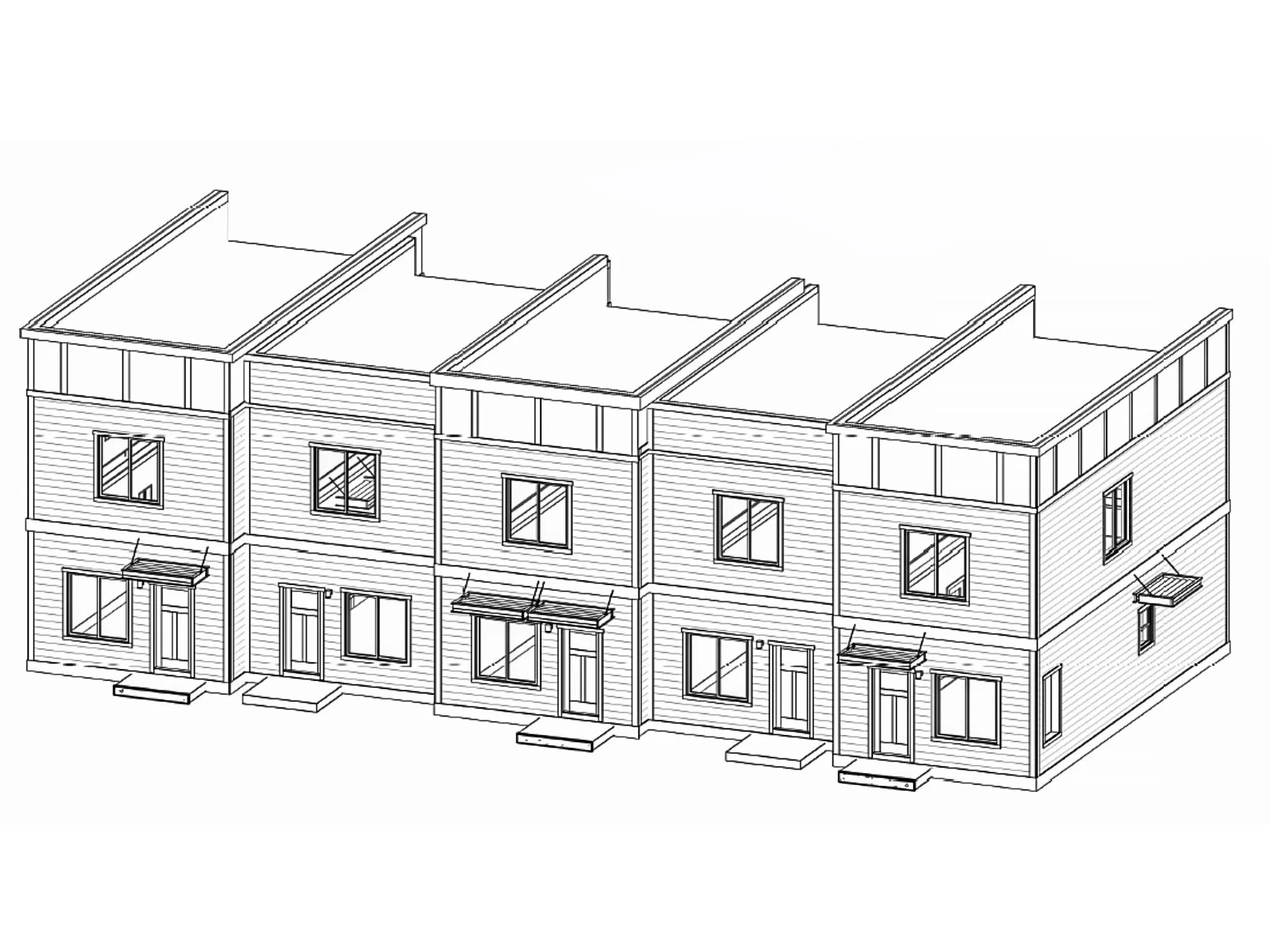 Line drawing of a row of three Fading West modular modern townhouses with flat roofs, multiple windows, and front steps.