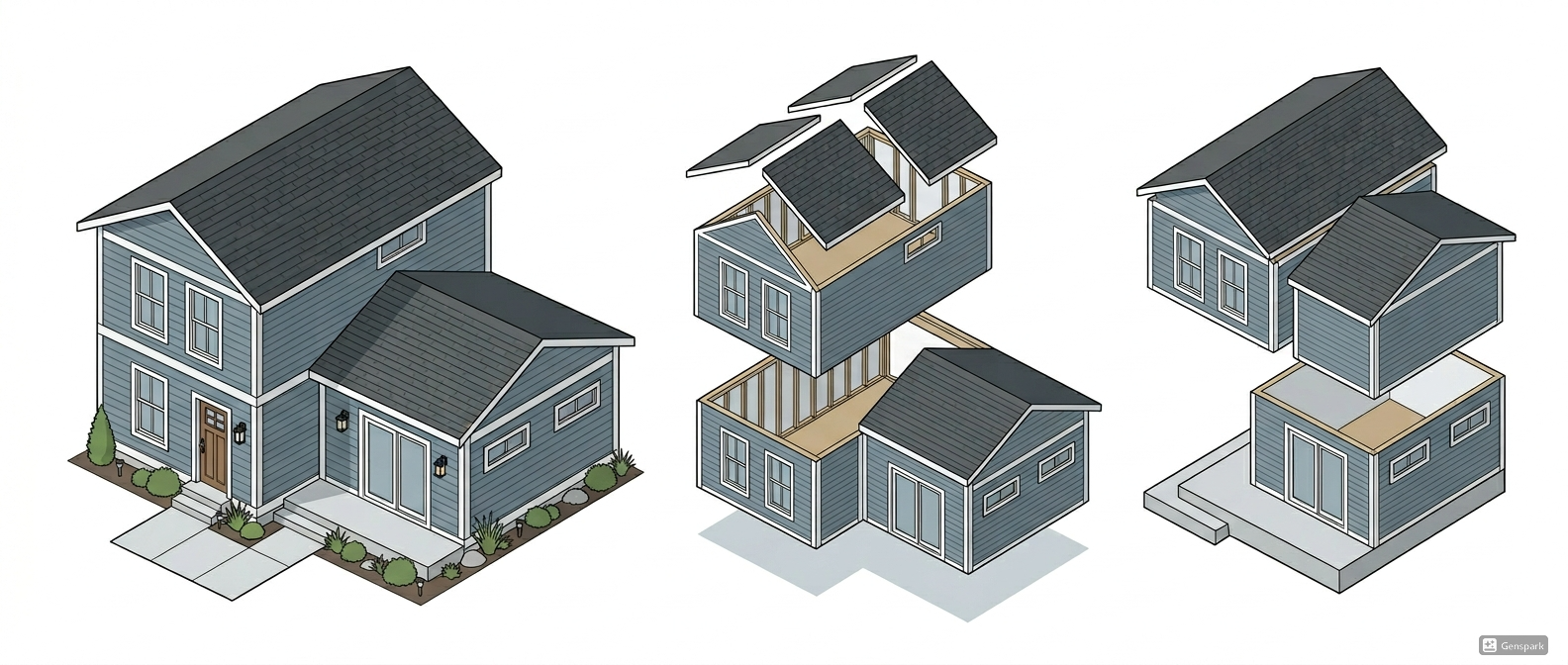 Three stages of house construction: completed house, partially built house with frames, and foundation with framing representing Fading West Bolt-Ons for Modular Housing Customizations