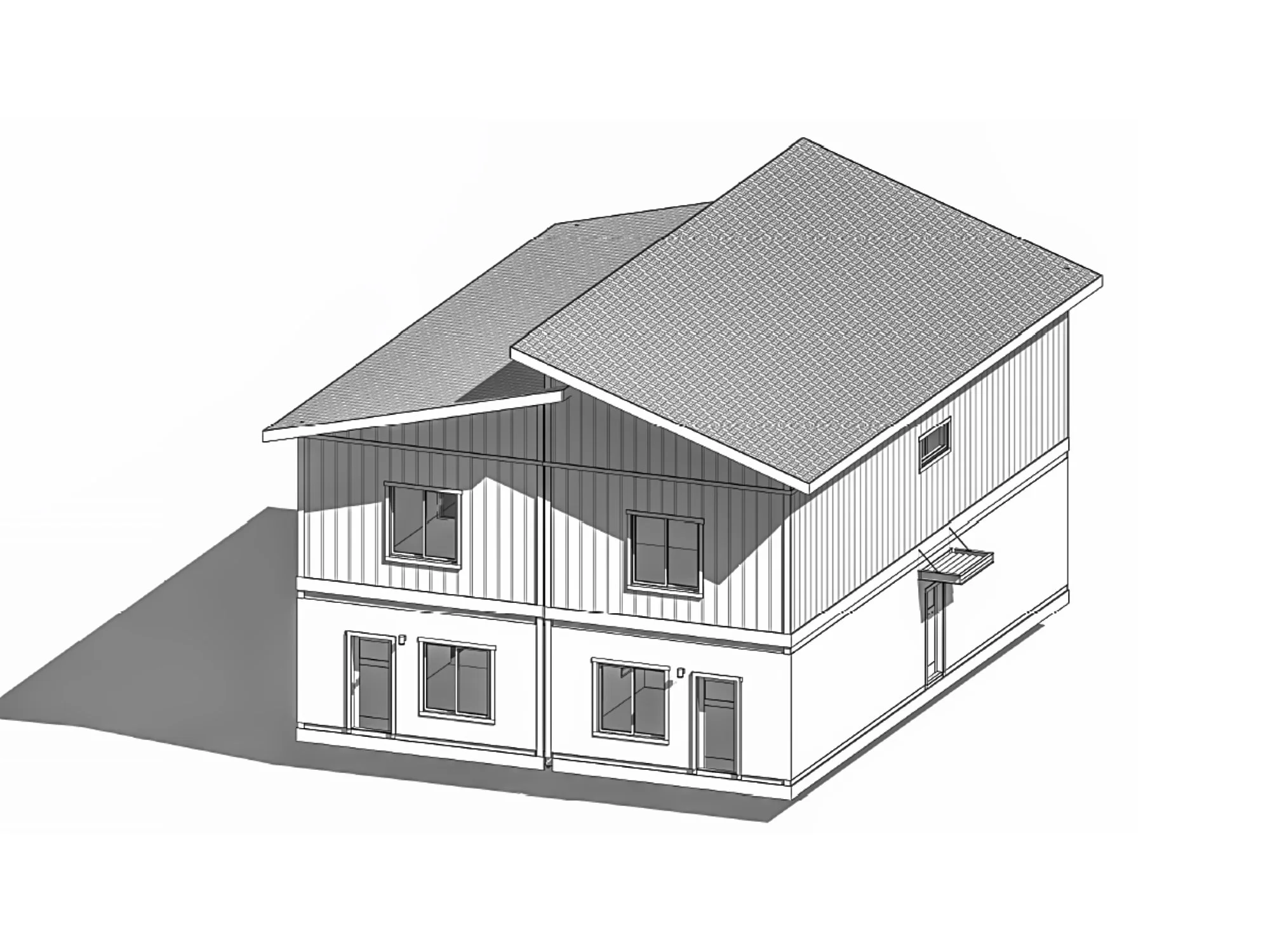 Digital architectural rendering of a Fading West multi-story modular residential house with a gabled roof and multiple windows.