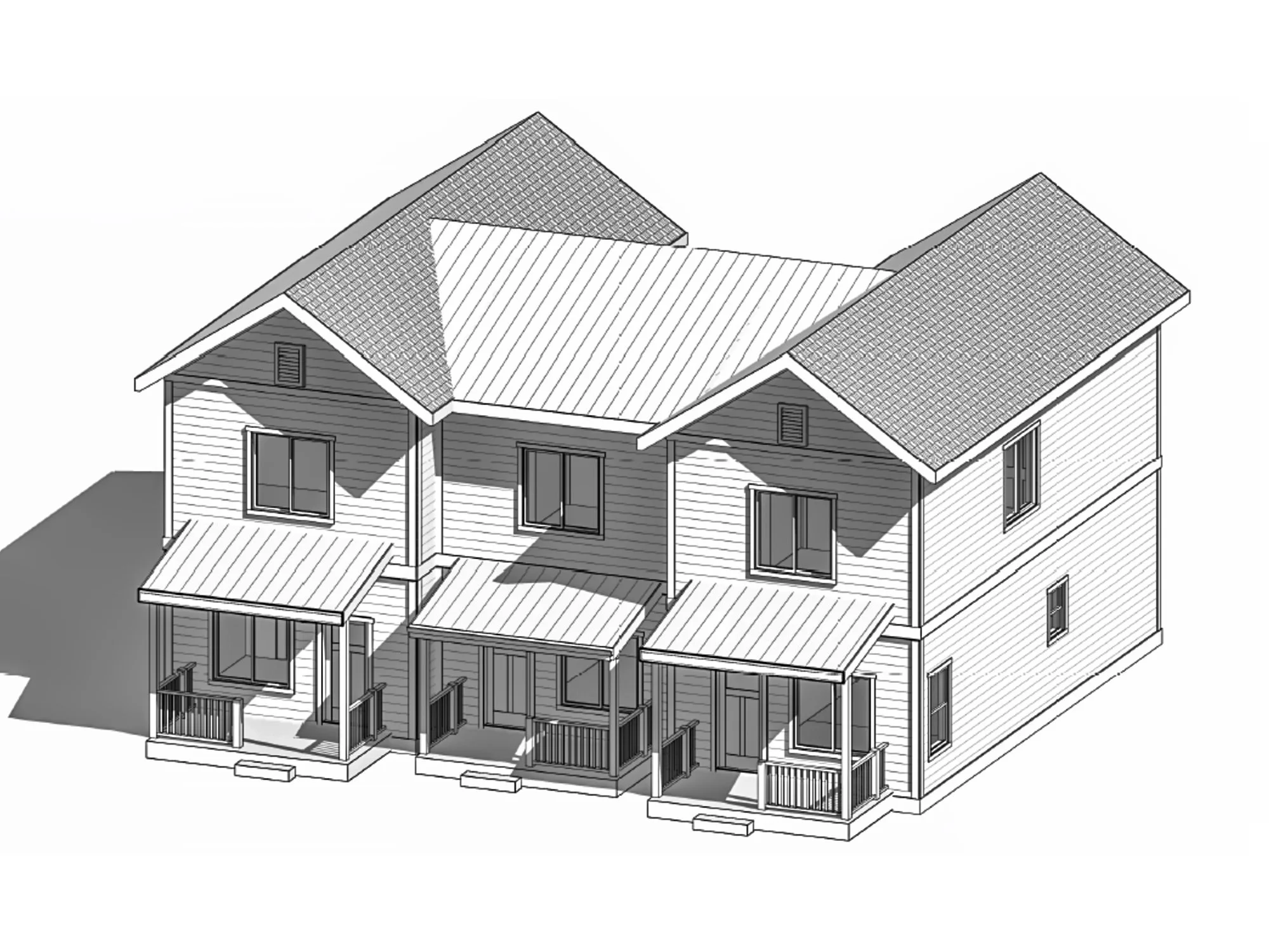 3D architectural rendering of a Fading West two-story modular multi-family townhouse with multiple gable roofs, front porch with stairs, and sliding glass doors.