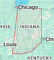 Map highlighting the state of Indiana in the United States, bordered by Illinois to the west, Kentucky to the south, Ohio to the east, and Michigan to the north.