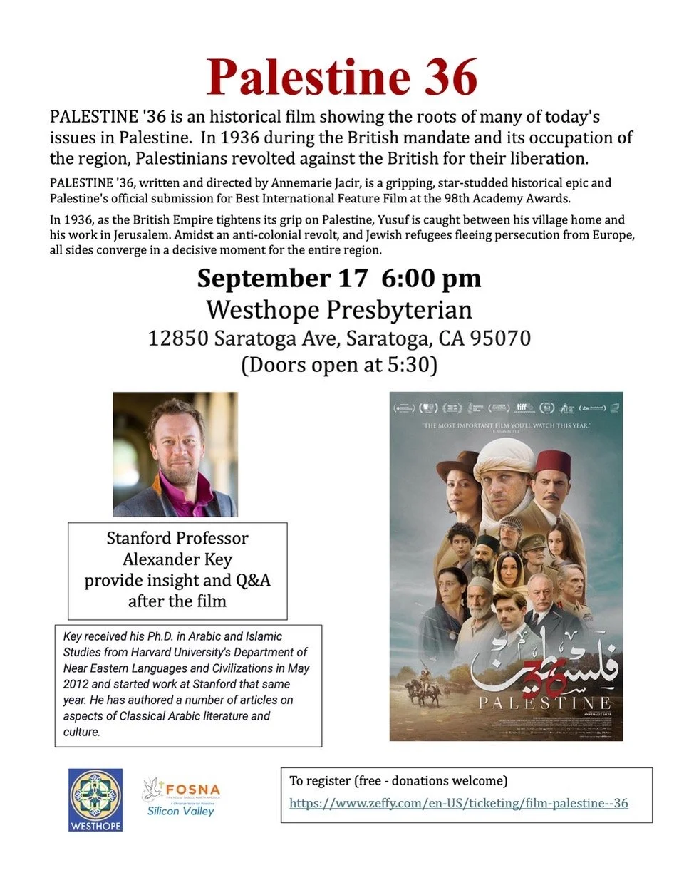 Palestine 36 followed by Q&A with Stanford Professor Alexander Key