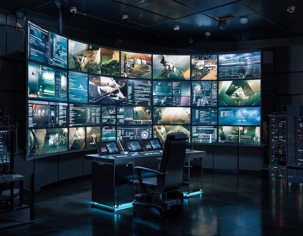 A control room with a curved wall of multiple monitors displaying data, graphics, and live footage, with a desk and chair in front, and server racks on the sides.