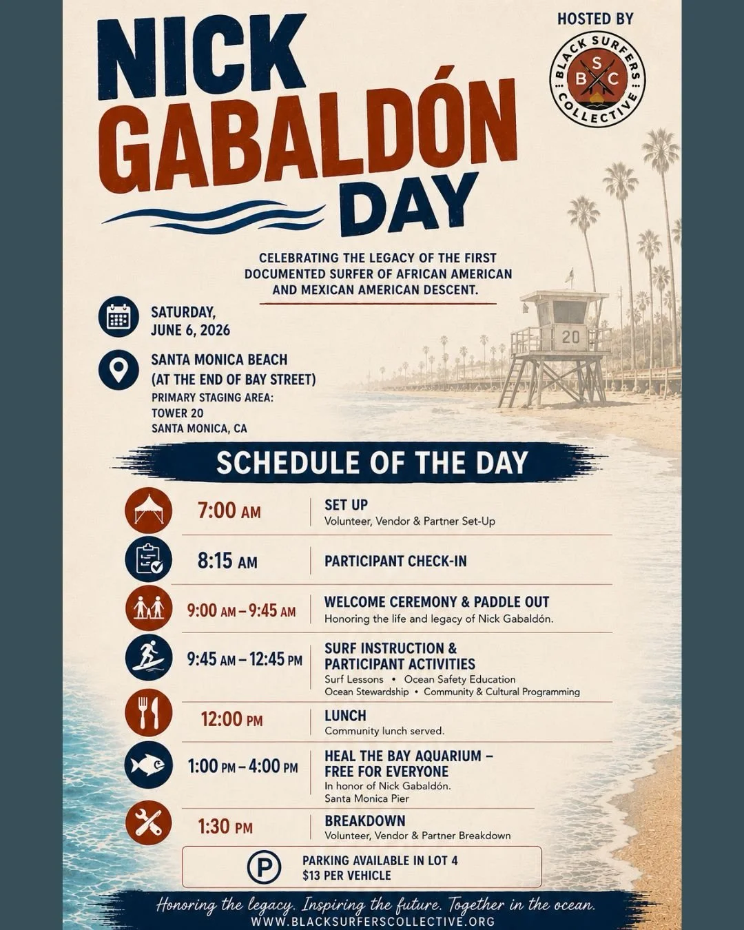 We&rsquo;re looking forward to seeing everyone tomorrow at Nick Gabald&oacute;n Day!

Bring the family and join us for a day of community, culture, history, and connection at the beach. Enjoy surf lessons, ocean education, community booths, a live DJ
