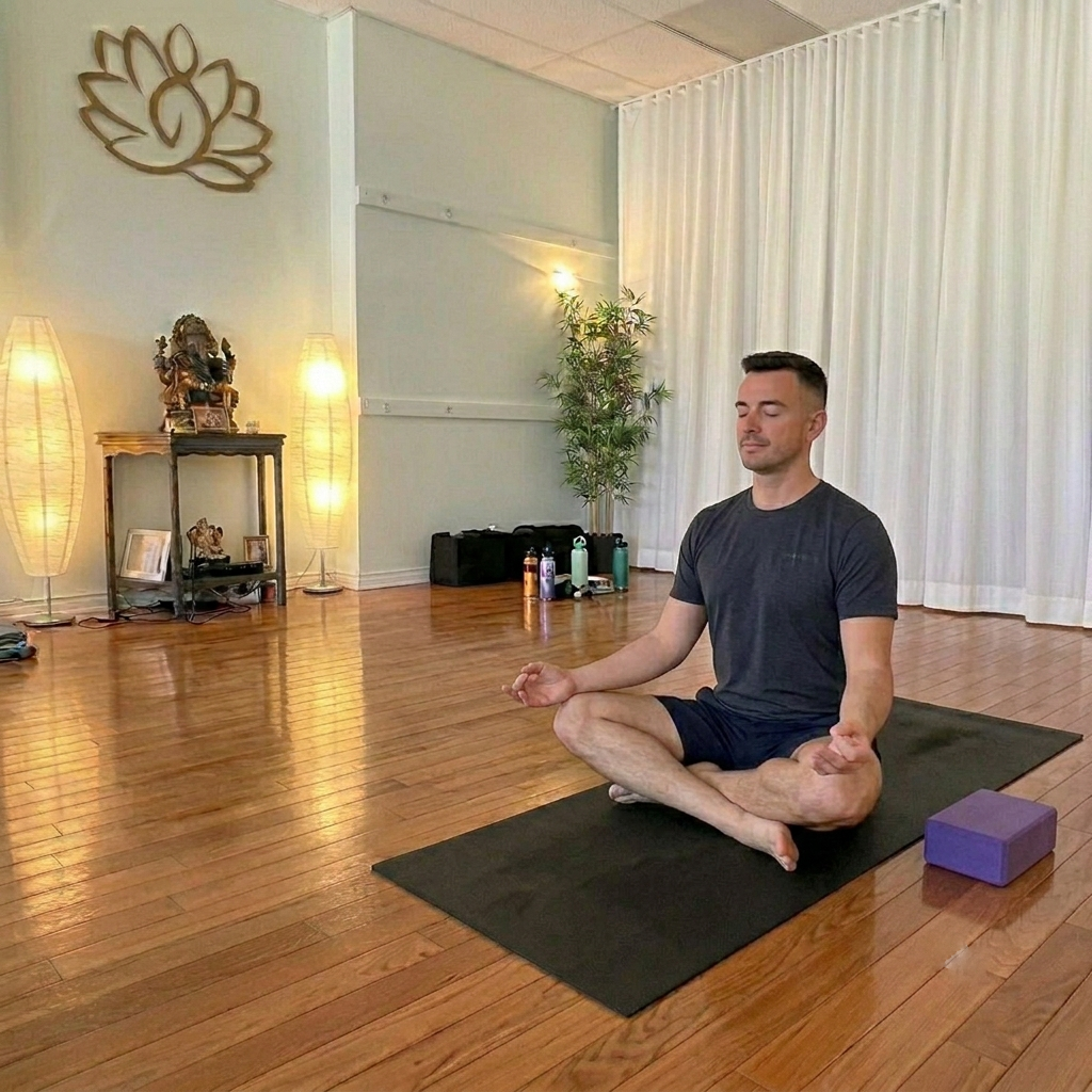 a man practicing deep breathing exercises at Peaceful Yoga in Malverne, NY