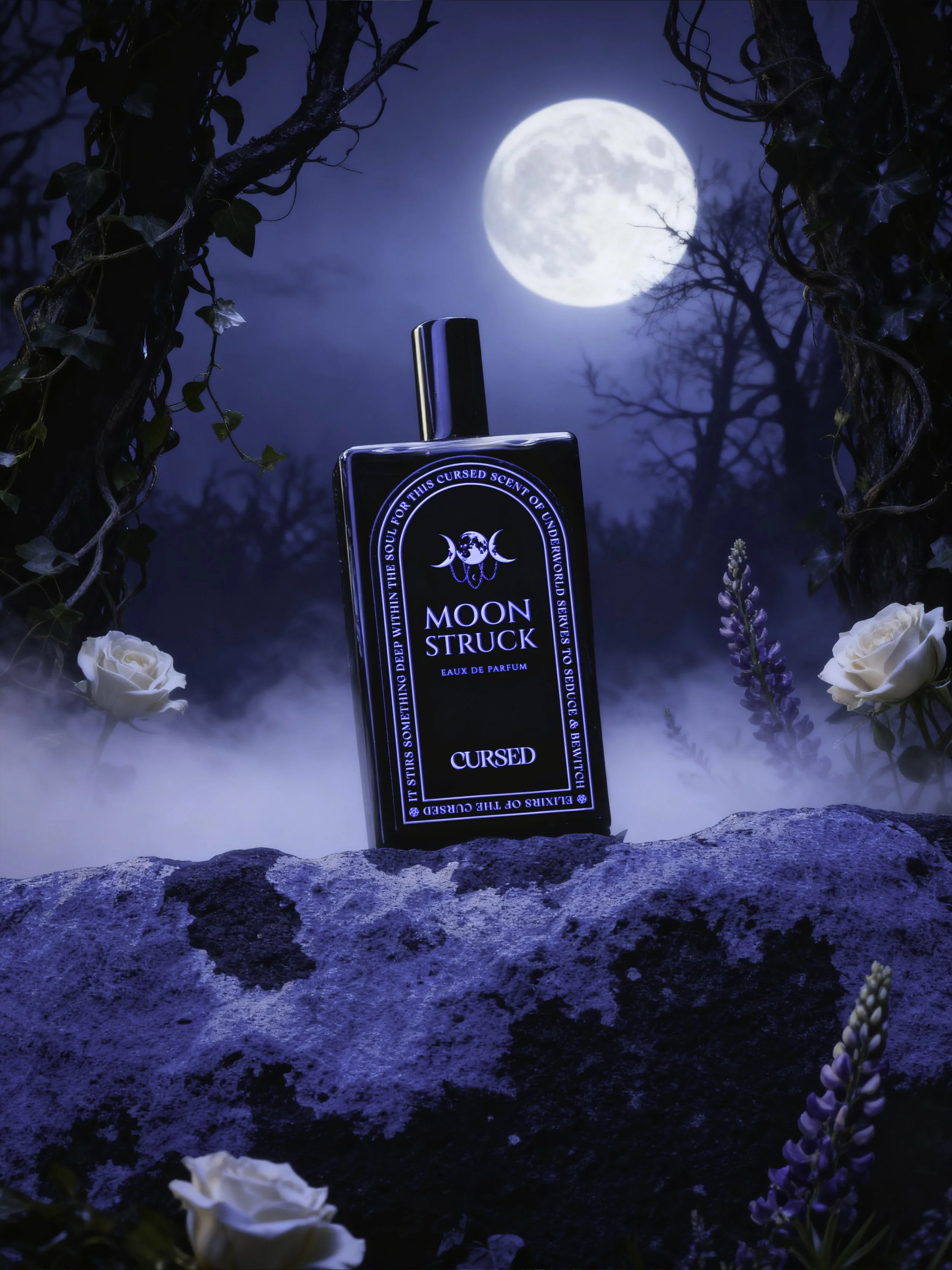 A perfume bottle labeled 'Moon Struck' in front of a full moon, surrounded by trees, flowers, and misty rocks under a night sky.