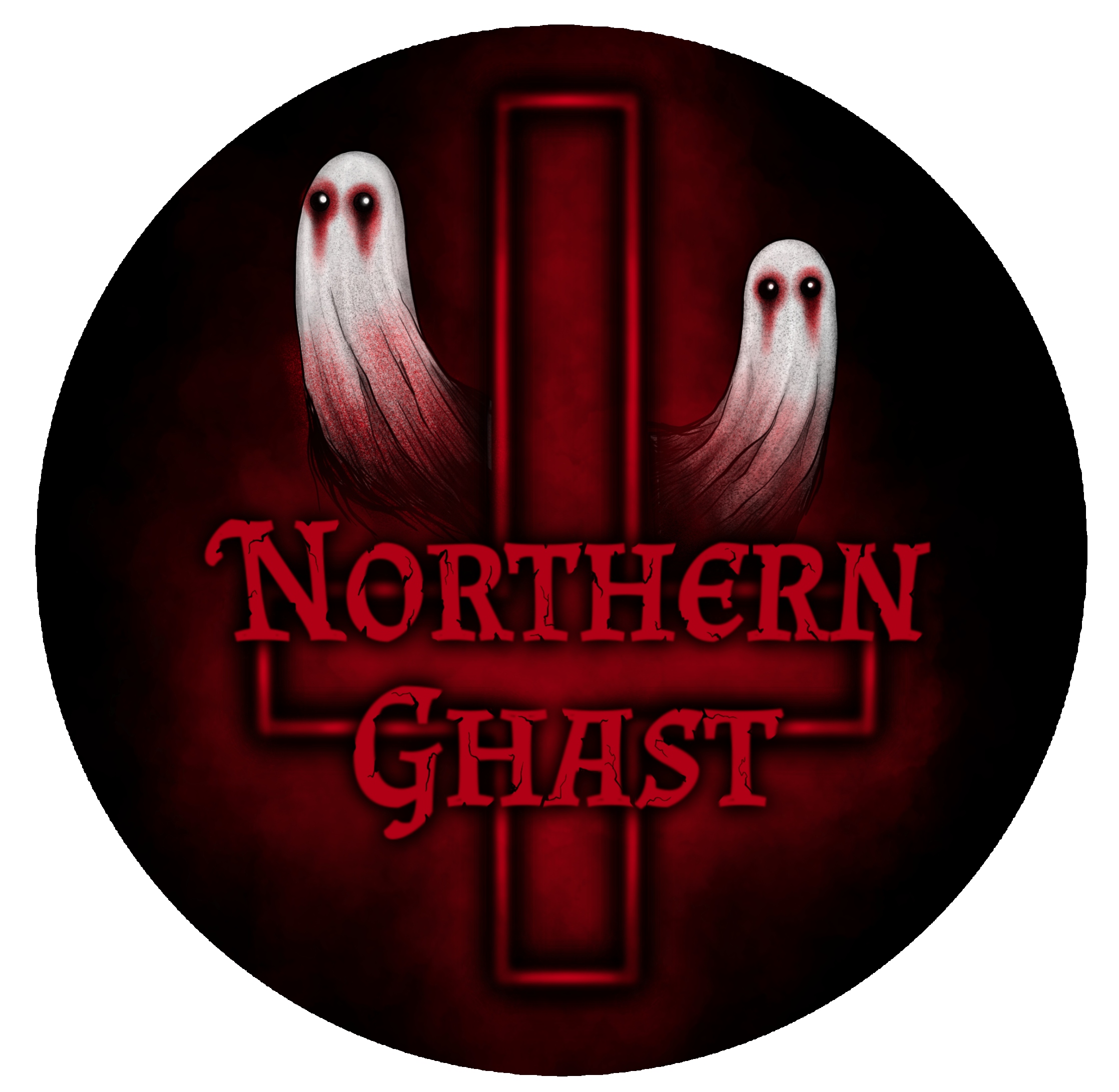 Dark background with two ghostly white figures with black eyes and red markings, standing on either side of a glowing red door. The word 'NORTHTERN' is partially visible in red at the bottom.