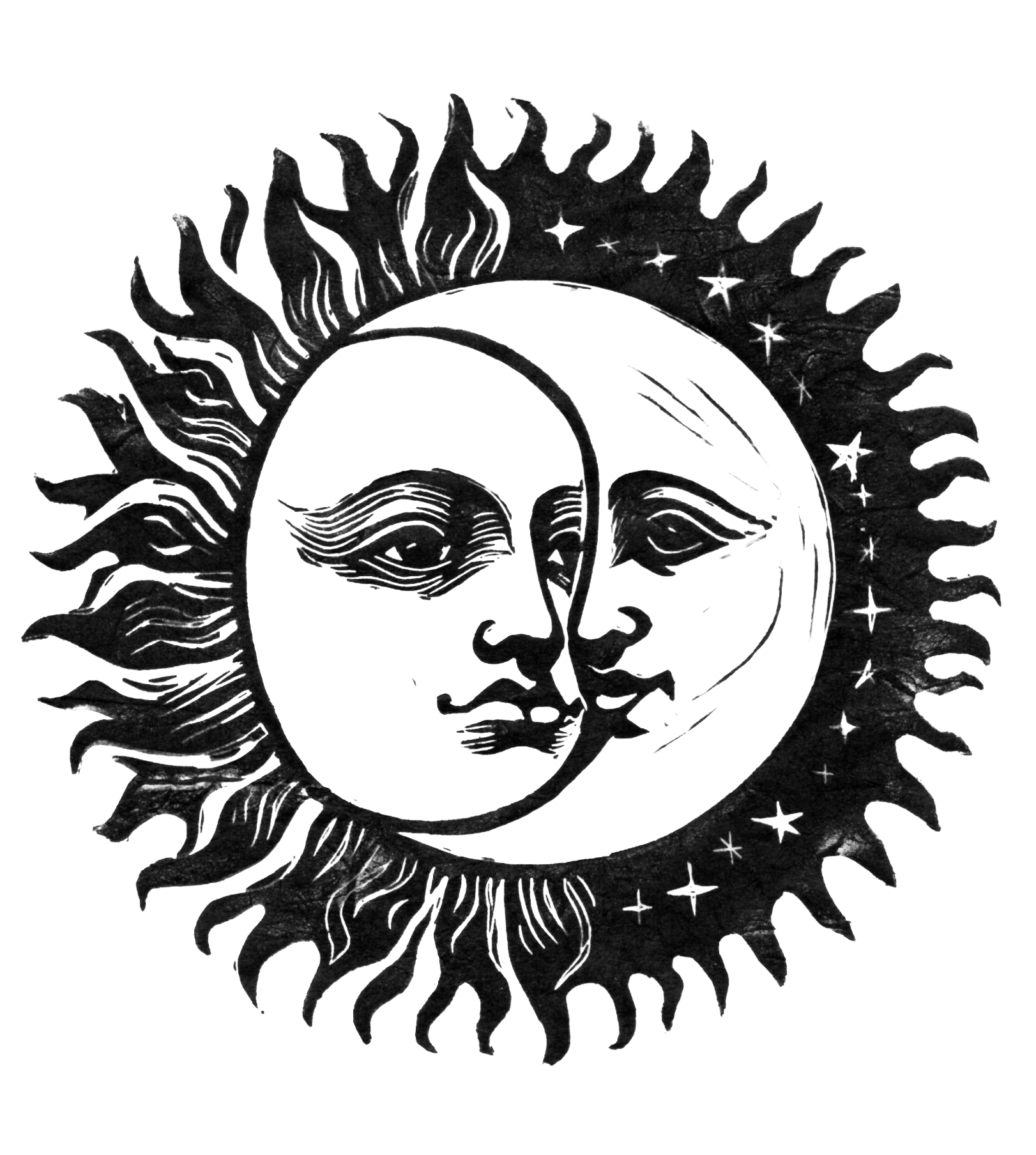 Black and white artistic drawing of a crescent moon with a face, surrounded by a ring of flames with stars and sparkles, against a black background.
