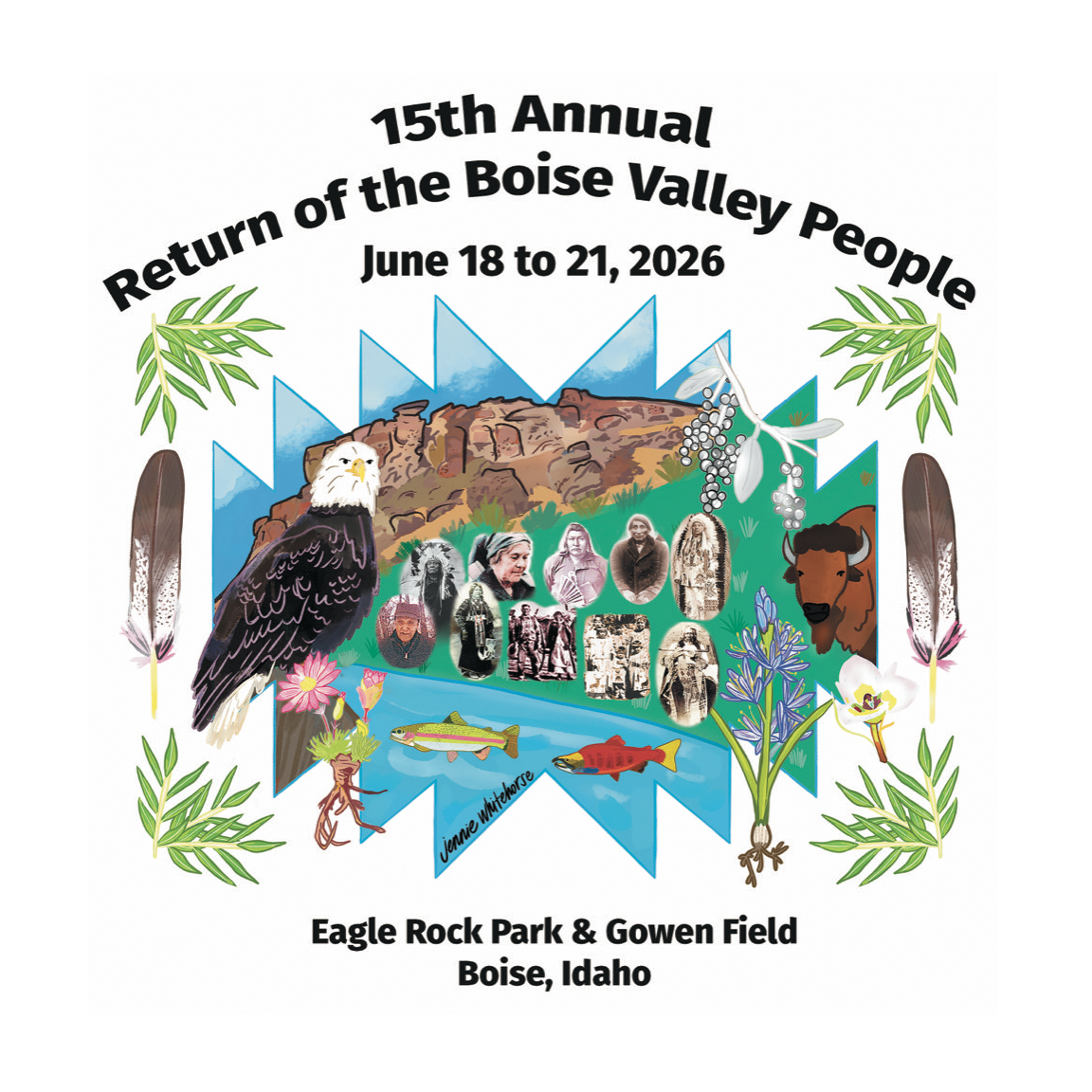 A colorful logo for the 15th Annual Return of the Boise Valley People. The design includes a bald eagle, a buffalo, salmon, feathers and ancestors of the Original Boise Valley People.