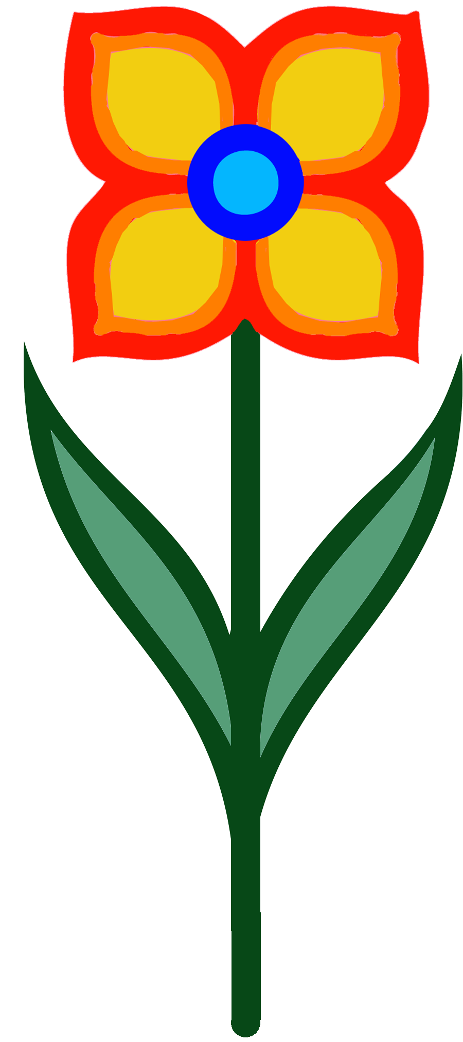A design of an open yellow, orange and blue flower on a green stem.