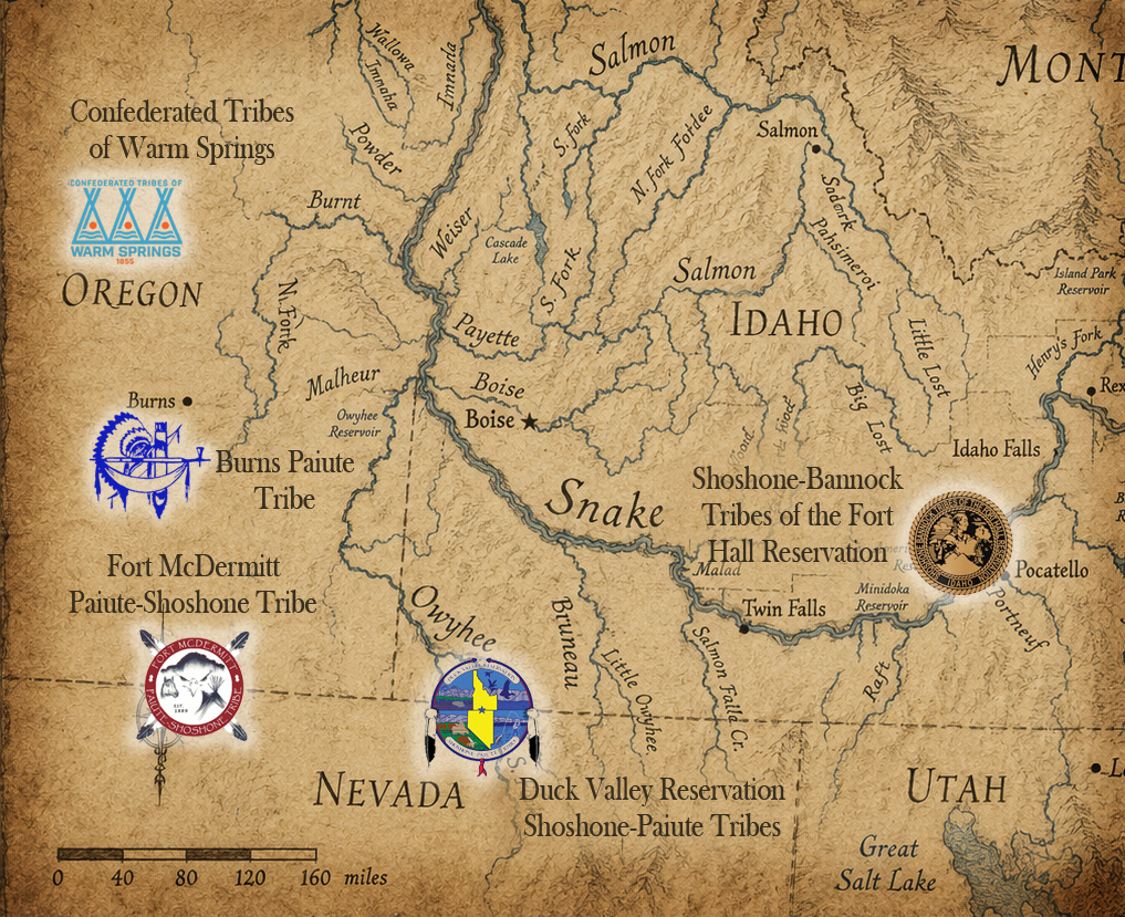 A map of the Boise Valley with names and logos for each of the five tribes of the Original Boise Valley People.