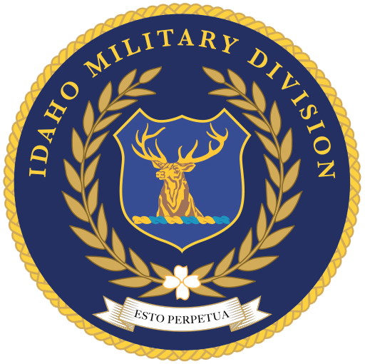 The Idaho Military Division logo which includes an elk on a round blue and gold design.