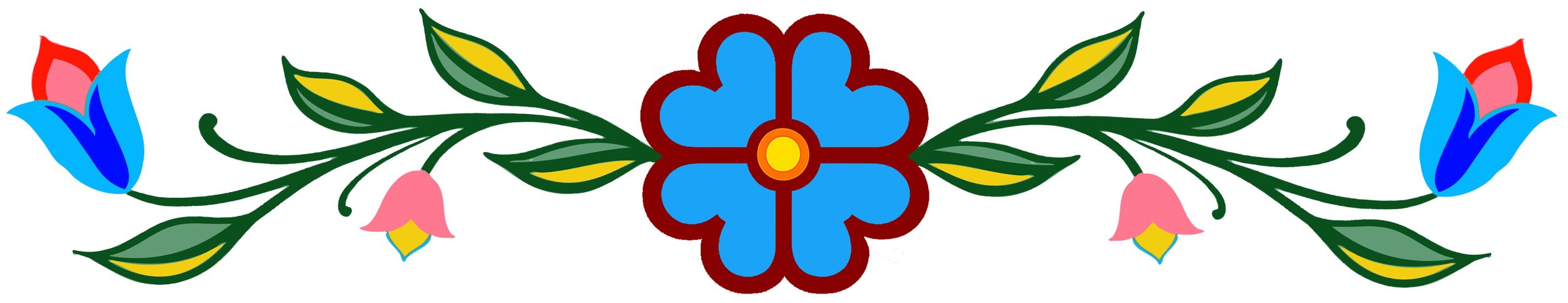 A Boise Valley Tribal design of an open blue, maroon, and yellow flower with extending green leaves and small pink and blue blossoms.