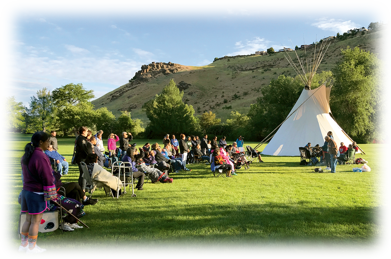 A photo of tribe members gathering at the Return of the Boise Valley People event.