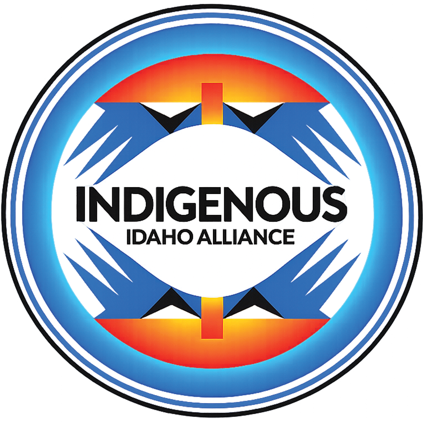 The Indigenous Idaho Alliance logo. It is a round logo with orange and blue Native American designs.