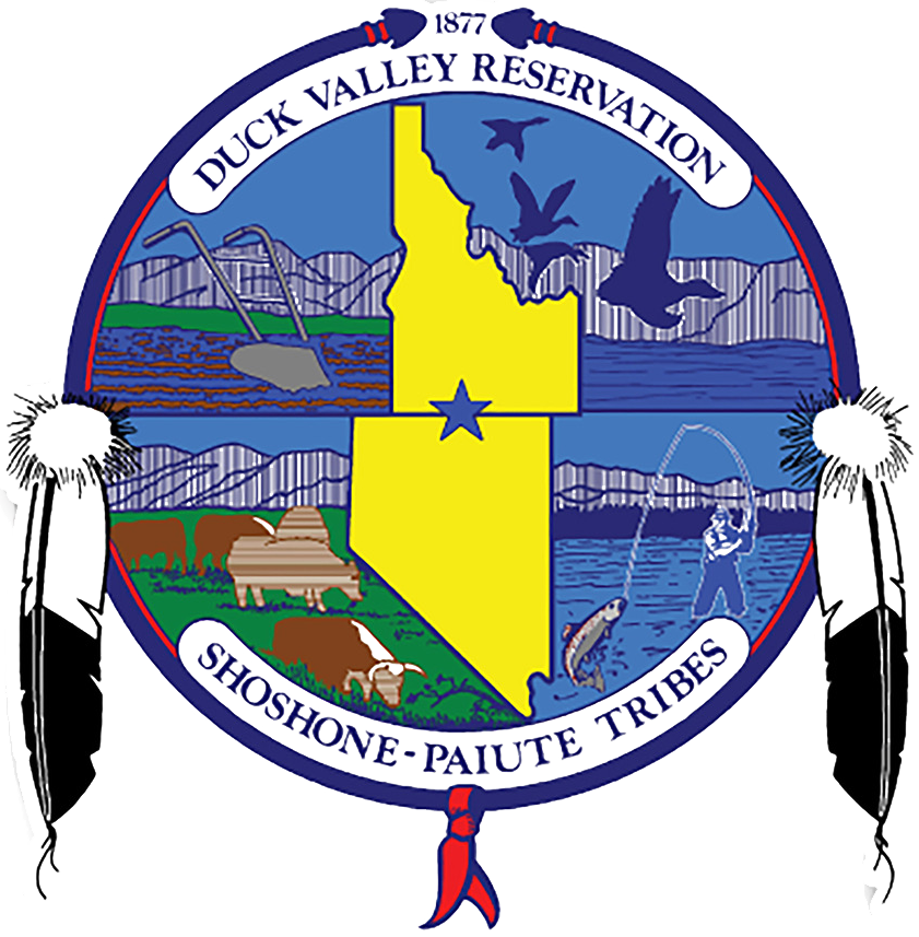 The Shoshone-Paiute Duck Valley Reservation logo. The logo includes the states of Idaho and Nevada along with feathers and elements from the reservation.