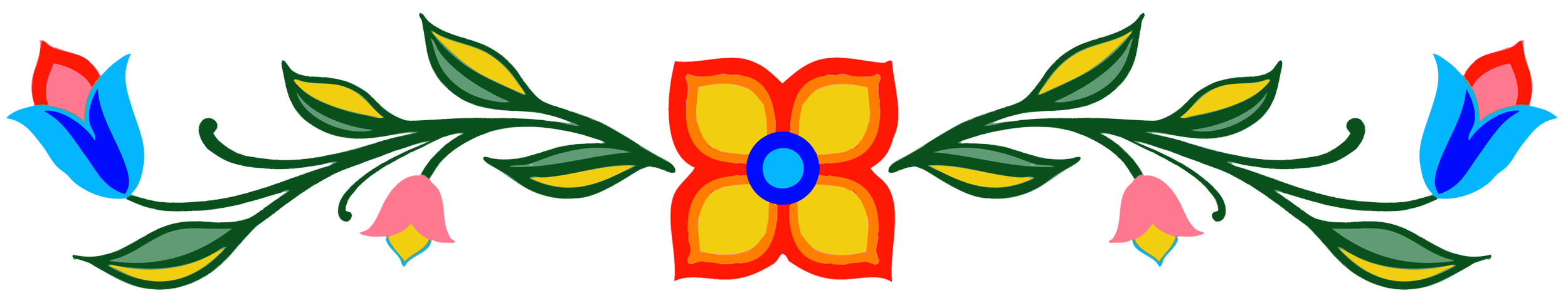 A Boise Valley Tribal design of an open yellow, orange and blue flower with extending green leaves and small pink and blue blossoms.