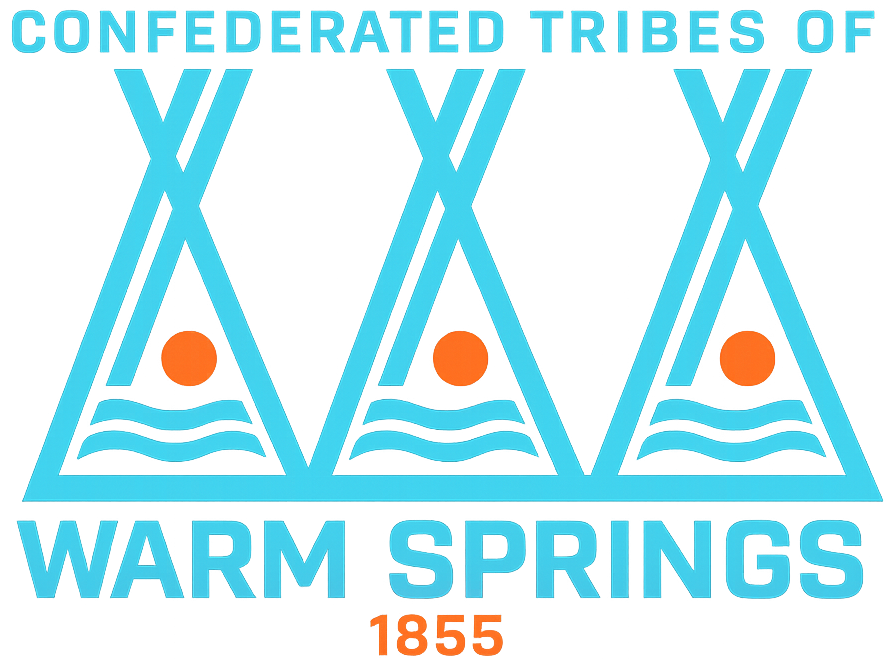 The logo for the Confederated Tribes of Warm Springs. The logo includes three tipi graphics.