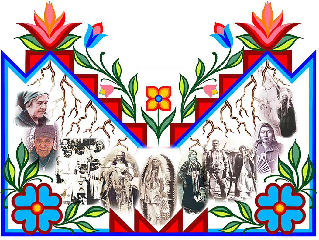 The logo for the Original Boise Valley People, LLC. The logo includes flower motifs and also images of the ancestors of the Tribes from the Boise Valley.