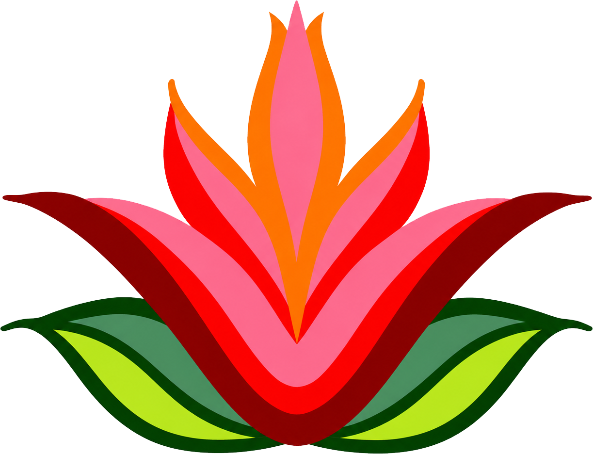 A pink, orange, red and maroon open flower design typical of the Original Boise Valley People. The blossom is also the link for volunteering with the organization.
