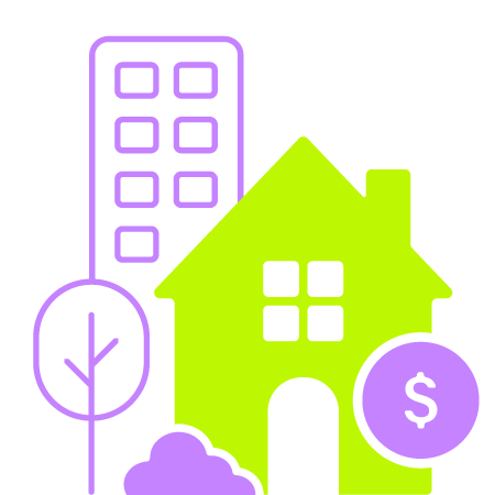 Outline of a city building, a house, and a tree with a dollar sign, all in purple and green.
