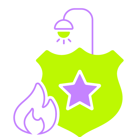 A neon green shield with a purple star in the center, accompanied by a purple flame, against a black background.