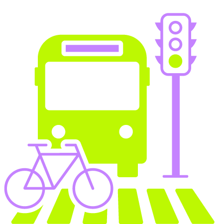 Illustration of a green train, a purple bicycle, and a traffic light at a crosswalk.