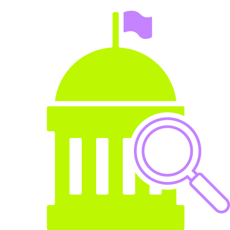 Icon of a government building with a flag and a magnifying glass.