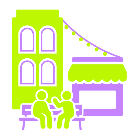Illustration of two people sitting on a park bench in front of a building with a storefront, outside city buildings with string lights overhead, in neon green, purple, and black colors.