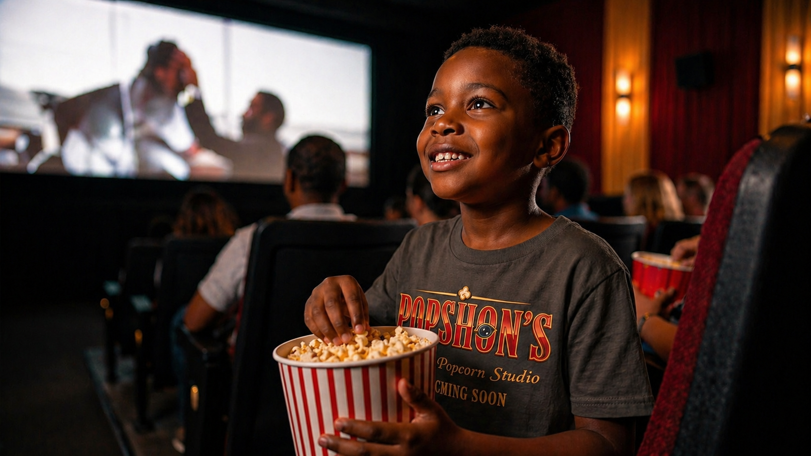 A young boy sitting in a movie theater, smiling while holding a tub of popcorn, watching a film on the big screen.