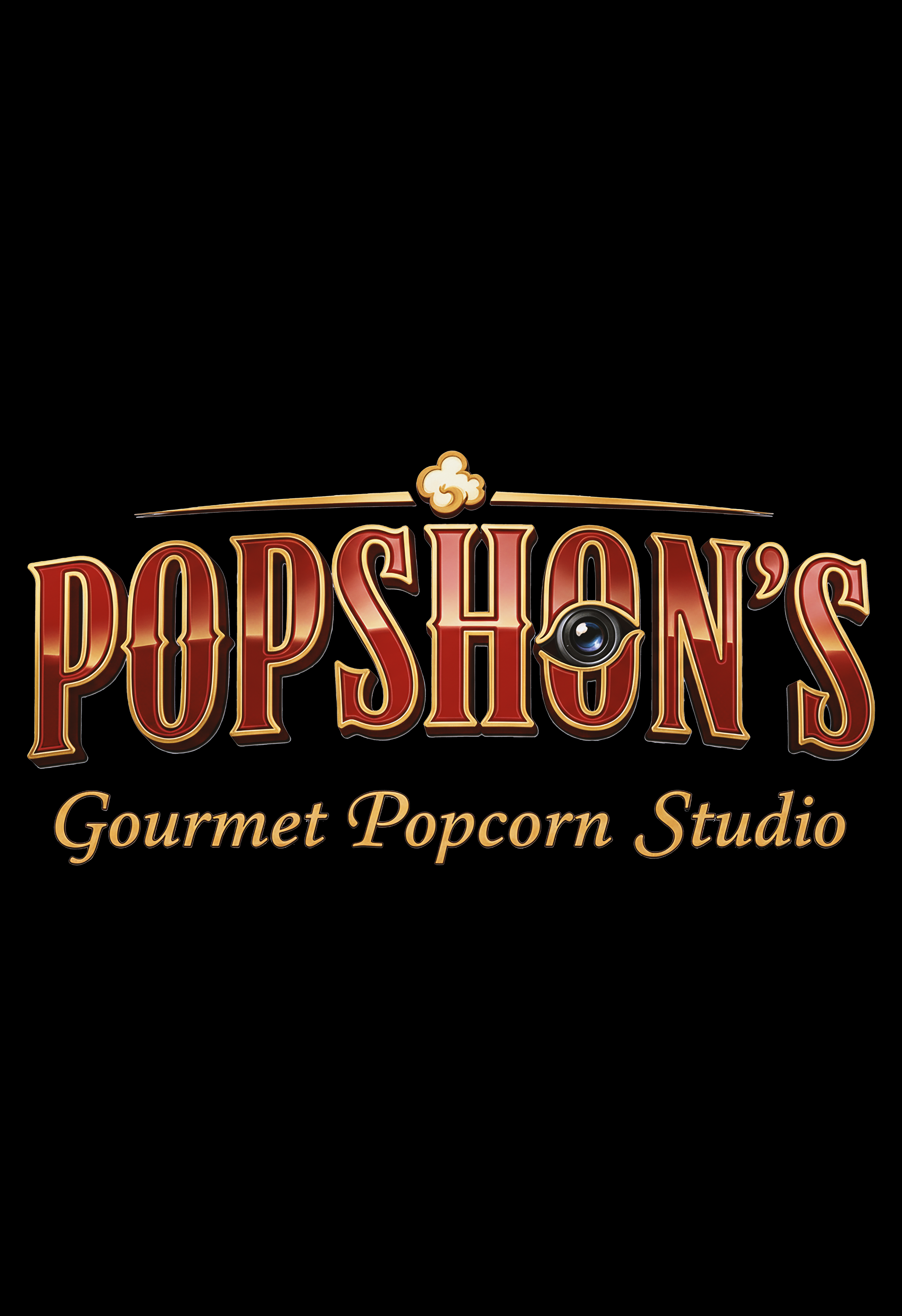 Logo for PopShoN's Gourmet Popcorn Studio featuring stylized text with a popcorn kernel and a camera lens, on a black background.